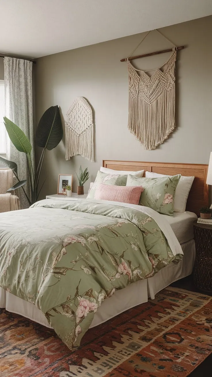 This sage green and neutral bedroom is a dream come true.  Green boho bedroom ideas are perfectly realized in this guest room, with sage bedding boho style taking center stage. The sage green bedding complements the green bedroom aesthetics beautifully, while the macrame wall hanging and patterned rug add a touch of bohemian flair.  Discover the perfect balance of serenity and style in this evergreen bedroom, a testament to the power of sage wall bedroom design.