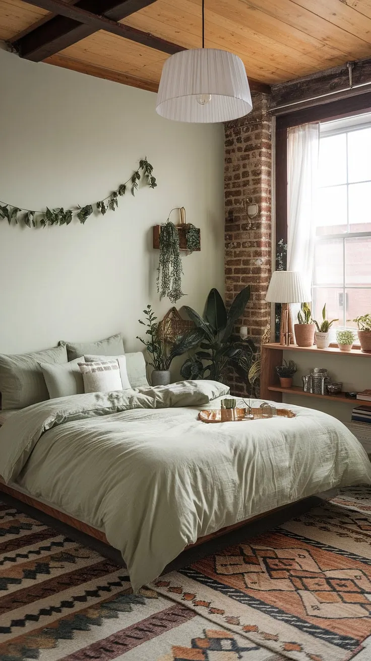 Escape to tranquility in this guest room, where sage green bedding and a sage boho bedroom design create a serene haven.  The green bedroom aesthetics are enhanced by exposed brick, wooden accents, and lush greenery, offering a perfect blend of sage green and neutral bedroom tones. This evergreen bedroom showcases inspiring green bedroom wall decor and exemplifies sage boho bedroom ideas.