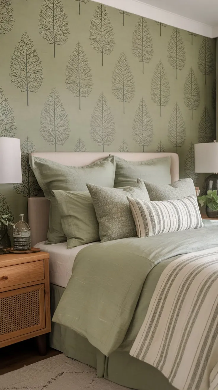 A serene sage green guest room boasts boho style bedding and evergreen wall decor creating a calming neutral space