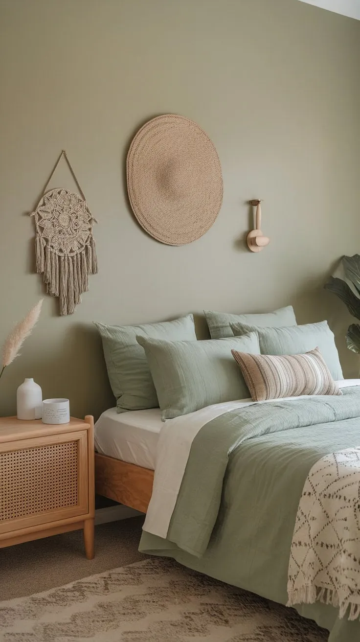 A serene boho guest room boasts a calming sage green aesthetic throughout its bedding, walls, and decor.