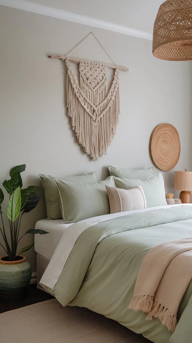 Relax in a light grey guest room featuring sage green bedding and boho touches for a tranquil getaway.