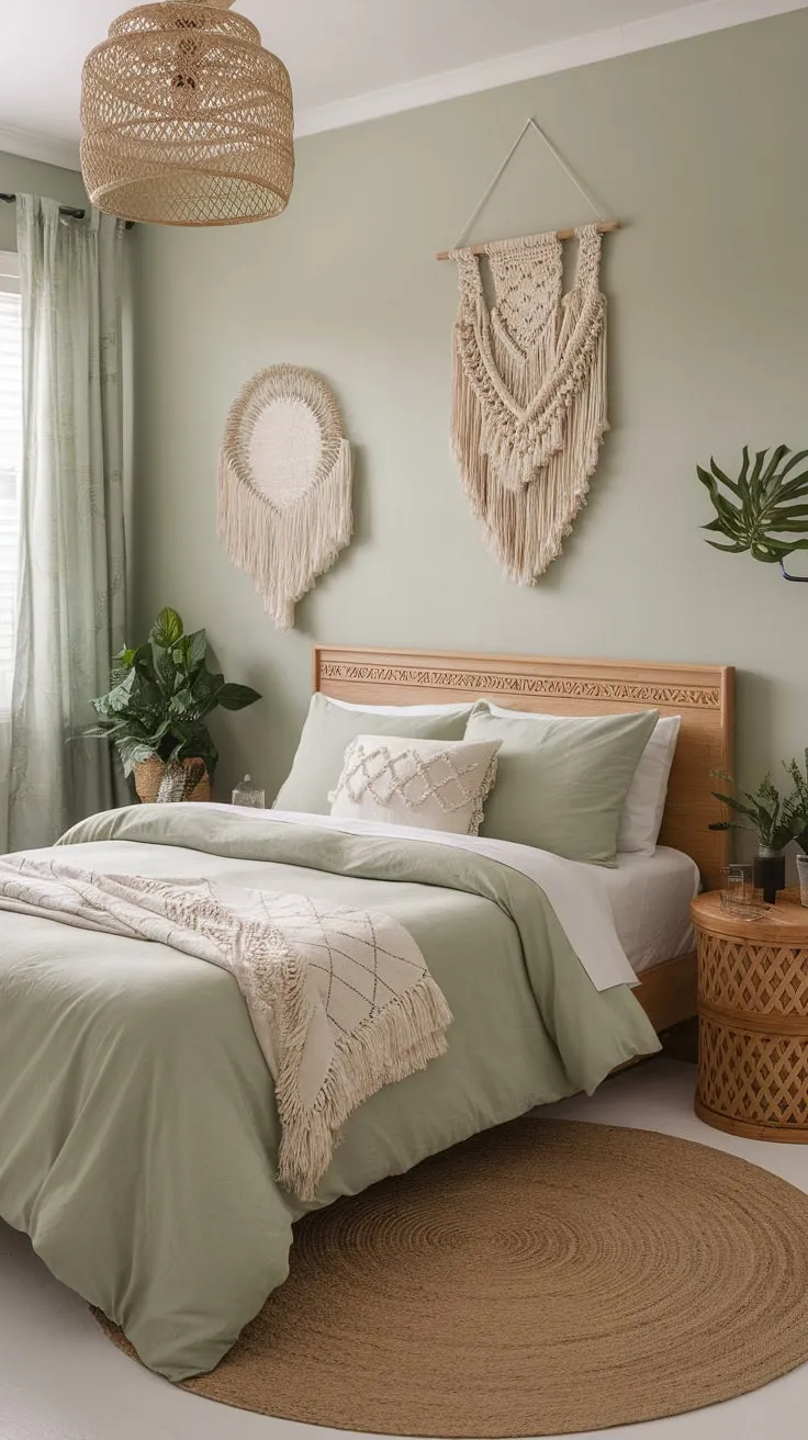 A calming guest room in sage green features boho accents like macrame and rattan for a peaceful retreat