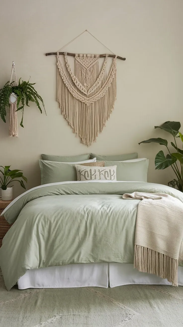 A calming boho guest room features sage green bedding and accents against soft beige walls creating a peaceful atmosphere.
