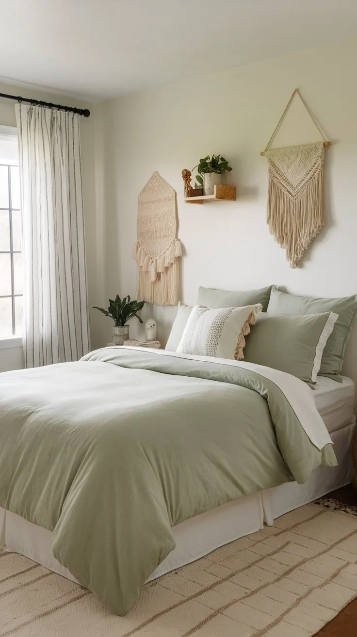 A serene guest room boasts sage green boho bedding, white walls, and earthy accents for a calming retreat