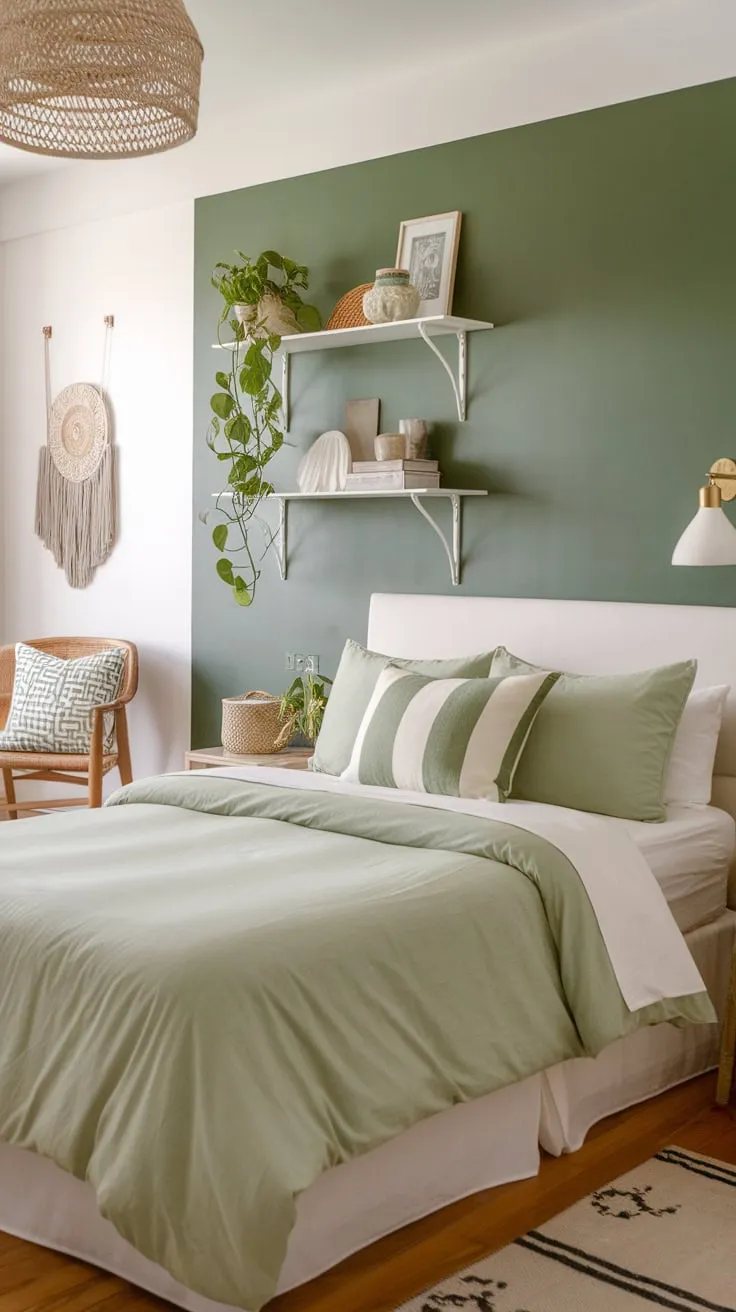A serene boho guest room boasts a sage green aesthetic with hardwood floors, a white-headboarded bed, and charming green accents.
