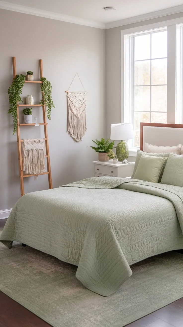 Relax in a light and airy guest room featuring a sage green boho theme, complete with a queen-size bed and abundant natural light.