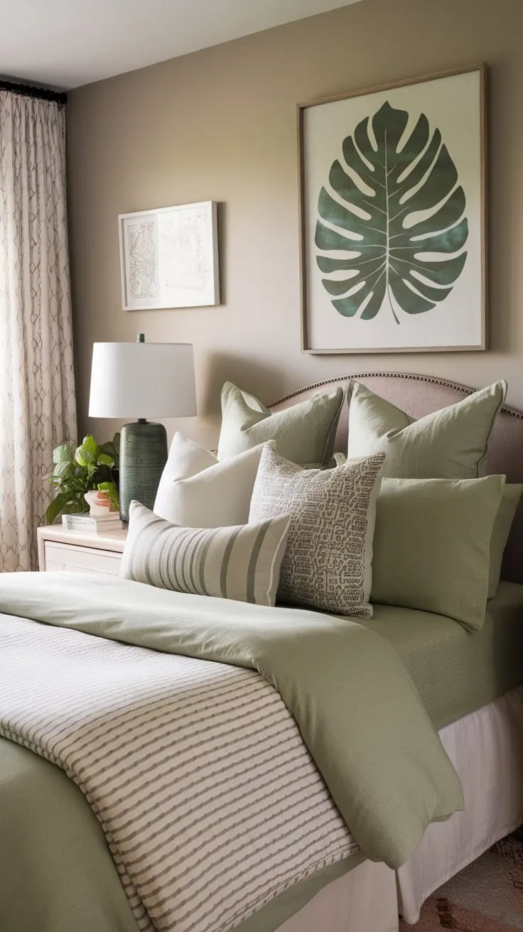 A serene sage green boho guest room, accented with patterned pillows and a large leaf wall decoration, offers a tranquil retreat.