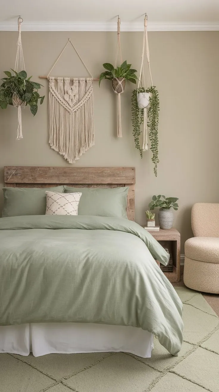 Relax in a tranquil guest room featuring sage green accents, boho decor, and a comfortable beige chair.