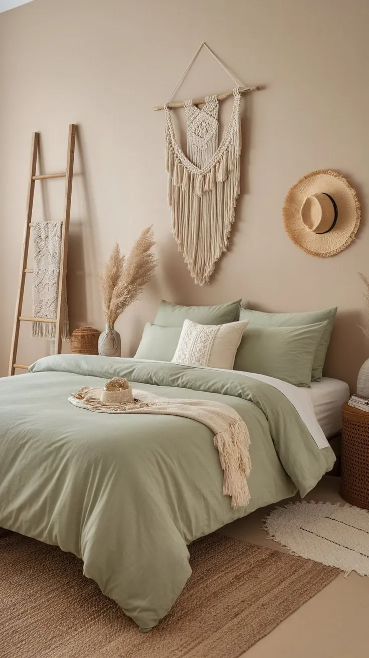 A serene sage green guest room boasts boho charm with macrame, rattan, and a woven rug, creating a relaxing retreat.