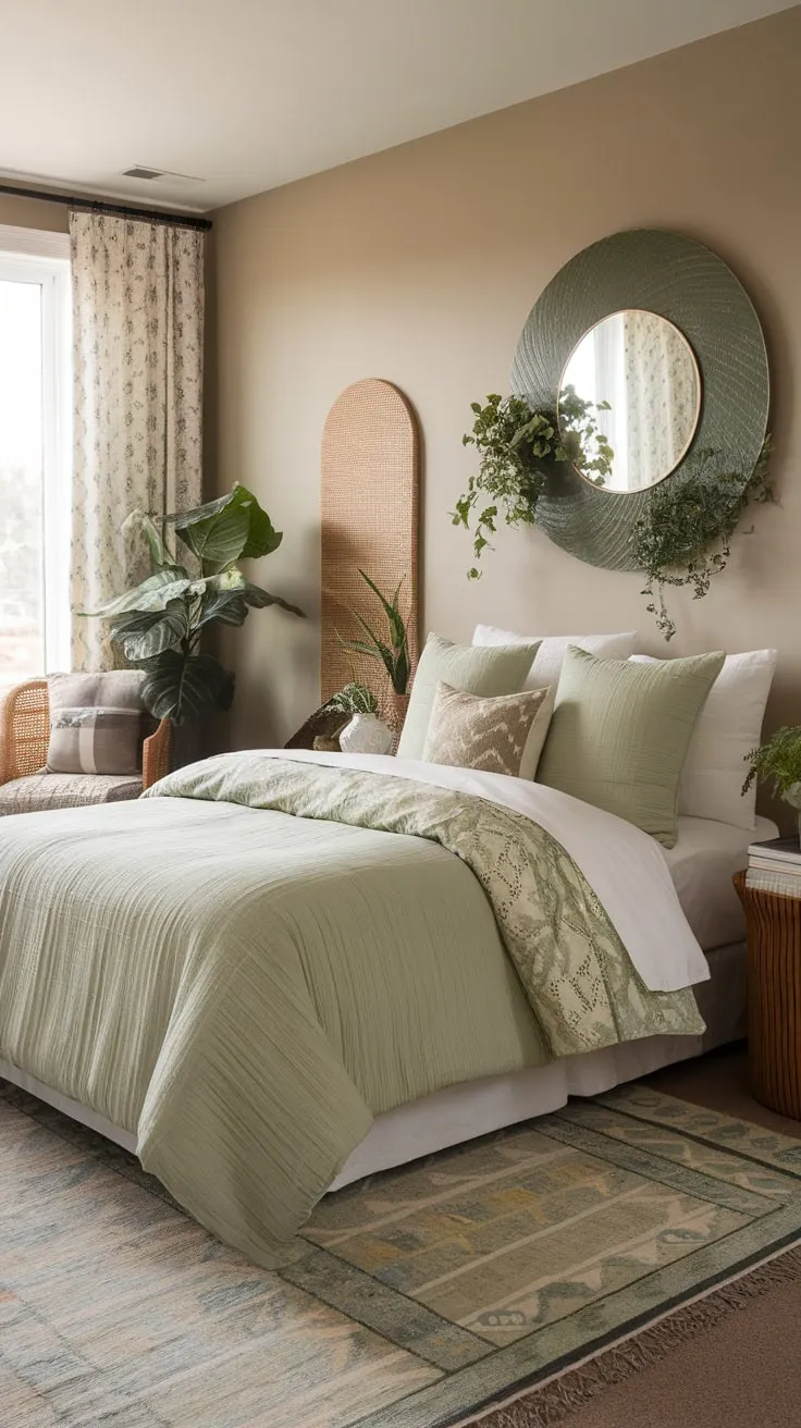 Sage green bedding and eclectic boho decor create a tranquil and inviting guest room escape.