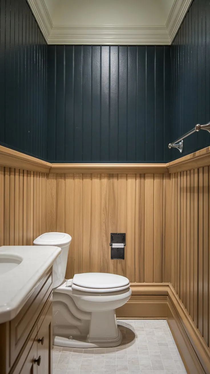 Sophisticated style meets practicality in this half bath wainscoting design. The light wood wainscoting contrasts beautifully with the dark painted beadboard walls, creating a stunning wood paneled powder room.