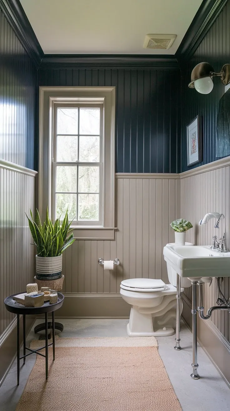 Classic elegance meets modern charm in this half bath wainscoting design. The light wood wainscoting and dark painted beadboard walls create a sophisticated contrast, transforming this powder room into a guest bathroom wainscoting masterpiece. The stained wood wall paneling adds warmth, while the wood paneled powder room design feels both timeless and inviting.