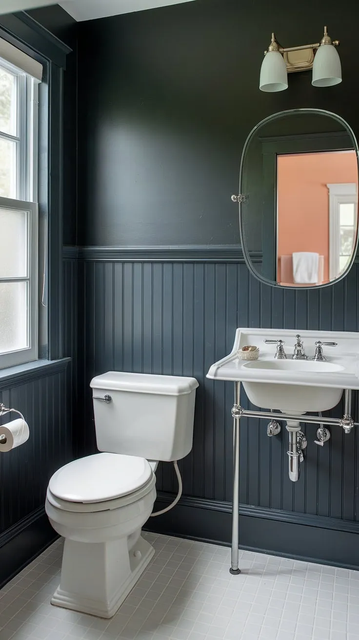 This charming half bath boasts light wood wainscoting, adding a touch of classic elegance. Above, dark painted beadboard walls create a sophisticated contrast, complementing the stained wood wall paneling. The tiled floor and window complete this stylish guest bathroom wainscoting design. A perfect example of a wood paneled powder room with thoughtful detail.