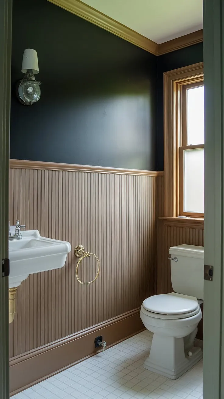 This half bath wainscoting showcases the stunning effect of stained wood wall paneling and dark painted beadboard walls. The panelled walls and light wood wainscoting transform this powder room into a bathroom with wood panel wall that's both stylish and functional.