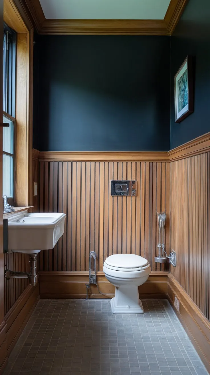 A charming and intimate half bath, this powder room features rich stained wood wall paneling and light wood wainscoting, adding texture and visual interest to the dark painted beadboard walls. The bathroom with wood panel wall is completed with a tiled floor and a small window, making it a functional and stylish guest bathroom wainscoting space.
