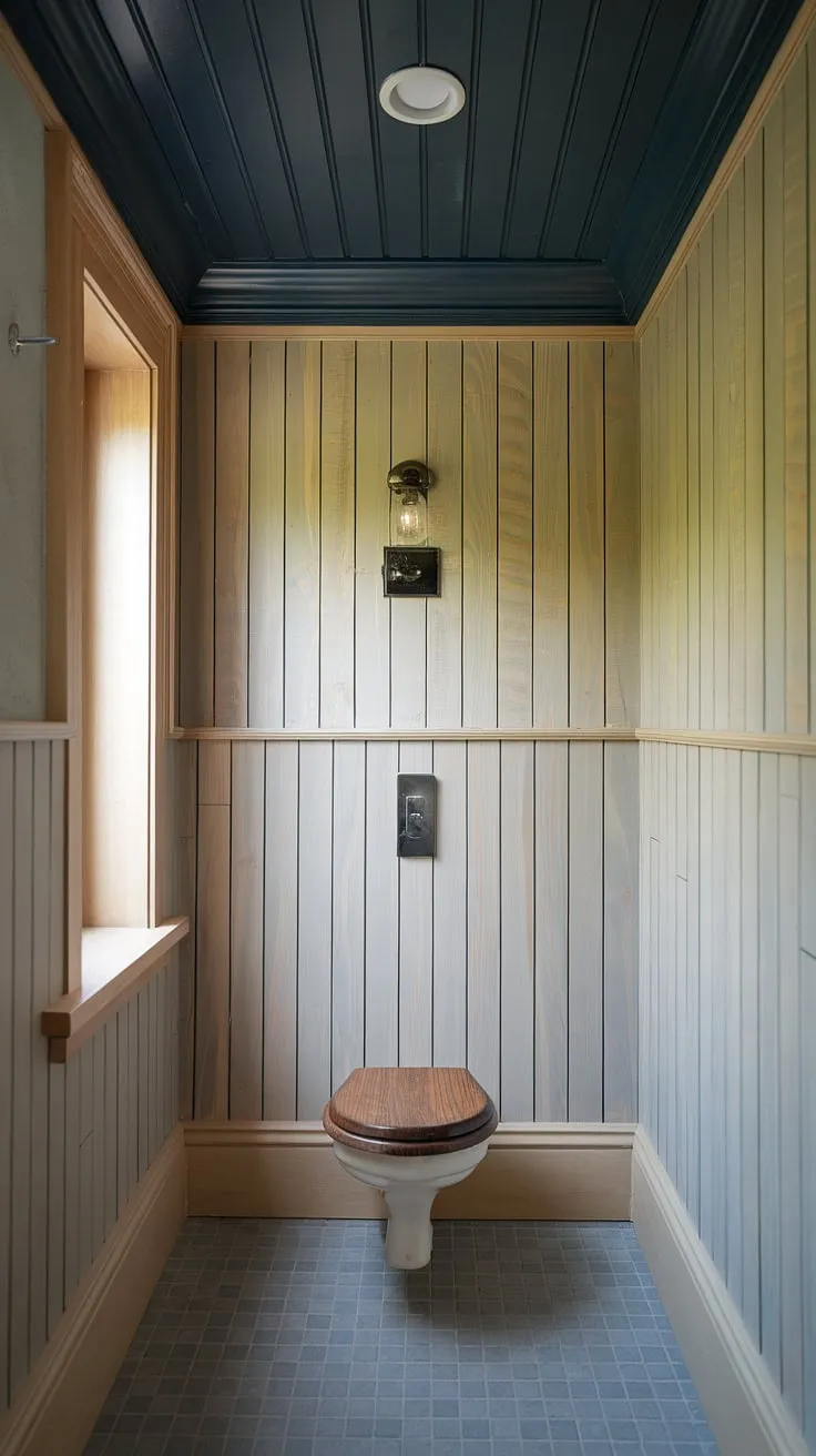 A stylish powder room featuring light wood wainscoting and a dark painted beadboard ceiling. The panelled walls create a rich and textured backdrop, while the simple design elements, including a tiled floor, highlight the beauty of the stained wood wall paneling. This guest bathroom wainscoting offers a perfect blend of modern and traditional aesthetics in a compact space. The addition of a window brings in natural light, making this wood paneled powder room feel bright and airy.