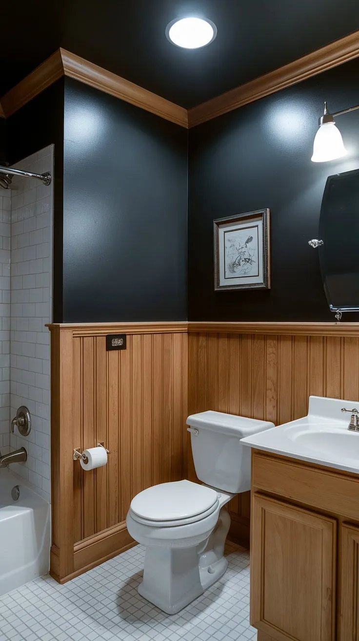 This guest bathroom wainscoting boasts stained wood wall paneling extending to the ceiling, transforming a simple half bath into a wood paneled powder room with undeniable character. The bathroom with wood panel wall is both elegant and inviting.