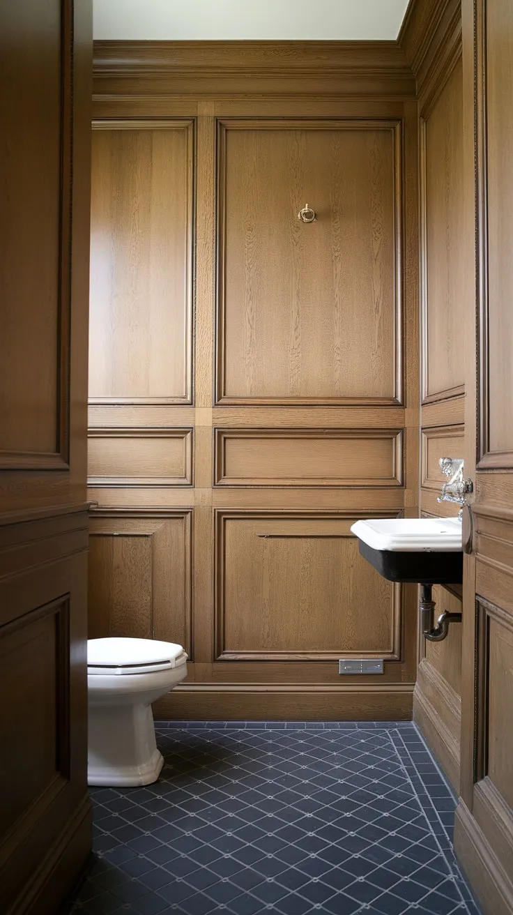 Elegant half bath wainscoting transforms this powder room into a sophisticated guest retreat. The light wood wainscoting and panelled walls create a warm, inviting space, complemented by the dark tiled floor.
