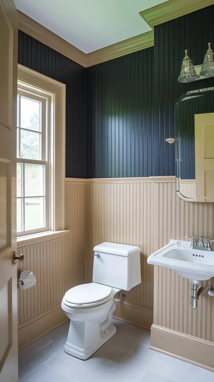 This charming half bath wainscoting design features light wood wainscoting on the lower half of the walls, complemented by dark painted beadboard walls above. The stained wood wall paneling adds warmth and texture to this small but stylish guest bathroom wainscoting space. The wood paneled powder room is completed with tiled flooring and a classic sink and toilet.