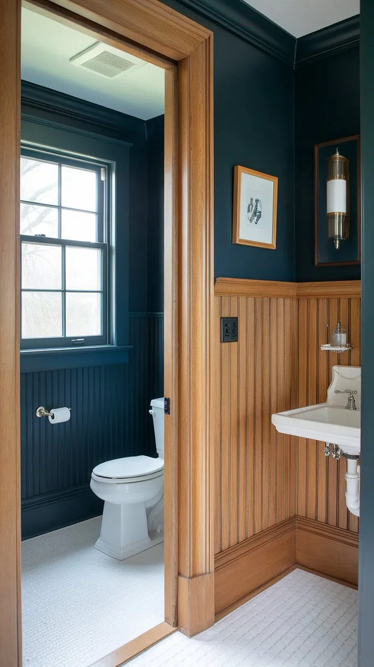 This half bath wainscoting showcases the beauty of panelled walls. The combination of light wood wainscoting and dark painted beadboard walls transforms this powder room into a stunning bathroom with wood panel wall, a true testament to the artistry of a wood paneled powder room.