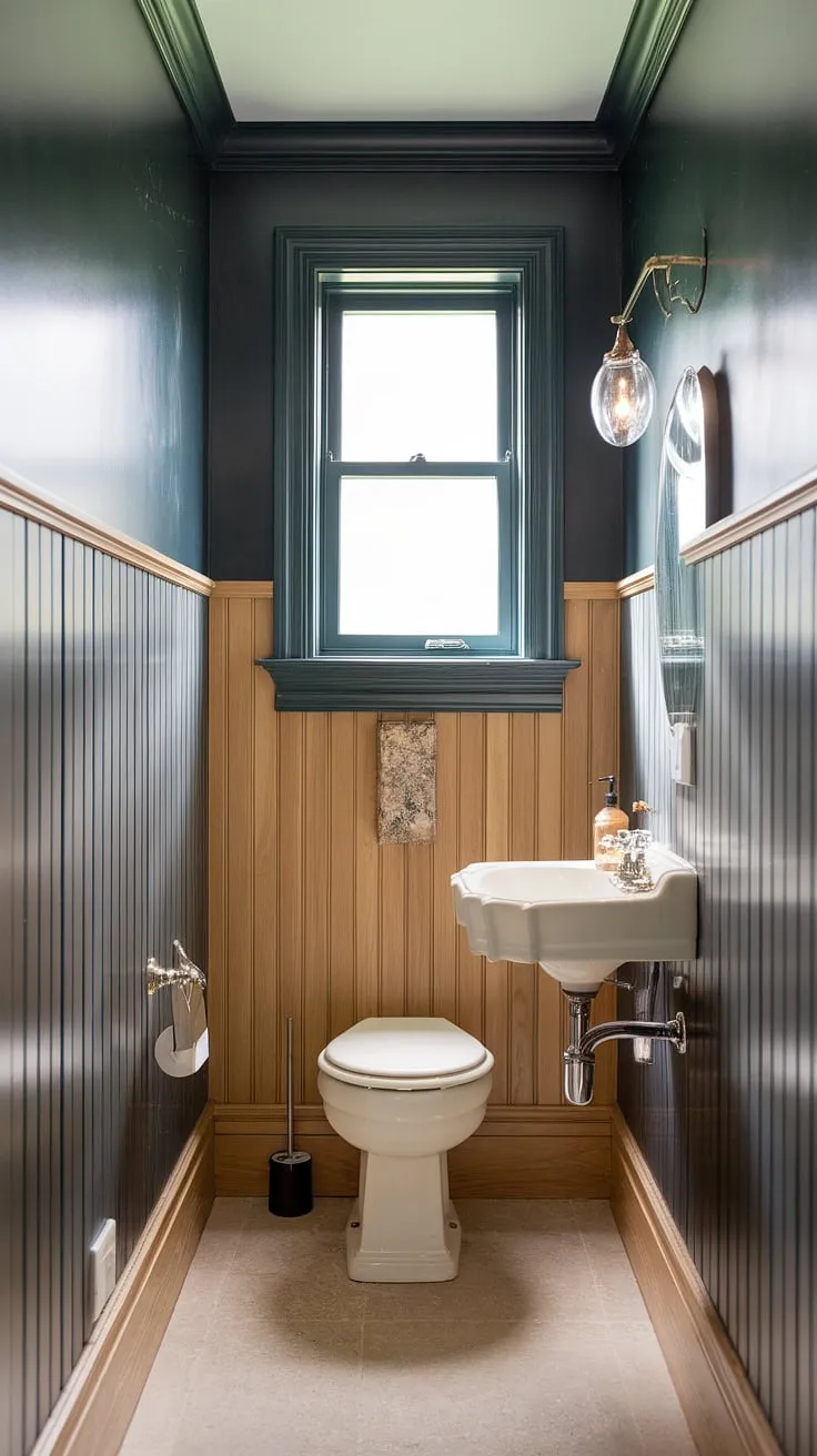 Classic charm meets modern convenience in this half bath wainscoting design. The light wood wainscoting and dark painted beadboard walls create a sophisticated contrast, while the panelled walls add warmth to this cozy guest bathroom wainscoting space.