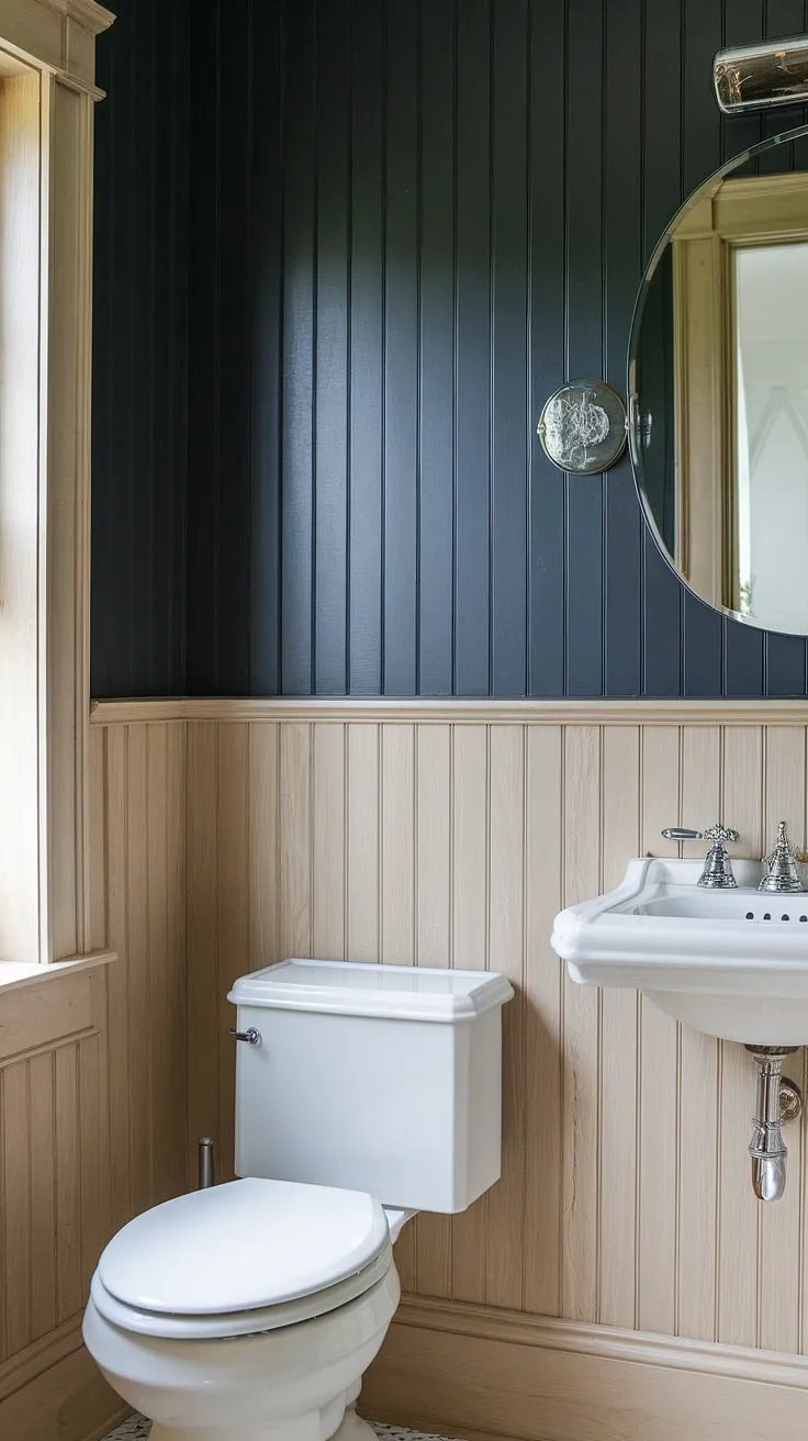 The sophisticated design of this powder room is highlighted by the striking contrast between the light wood wainscoting and the dark painted beadboard walls. The panelled walls create a sense of timeless style in this small but perfectly formed guest bathroom wainscoting. The stained wood wall paneling adds warmth and texture, making this half bath a truly special space. A window provides natural light, completing the look of this wood paneled powder room.