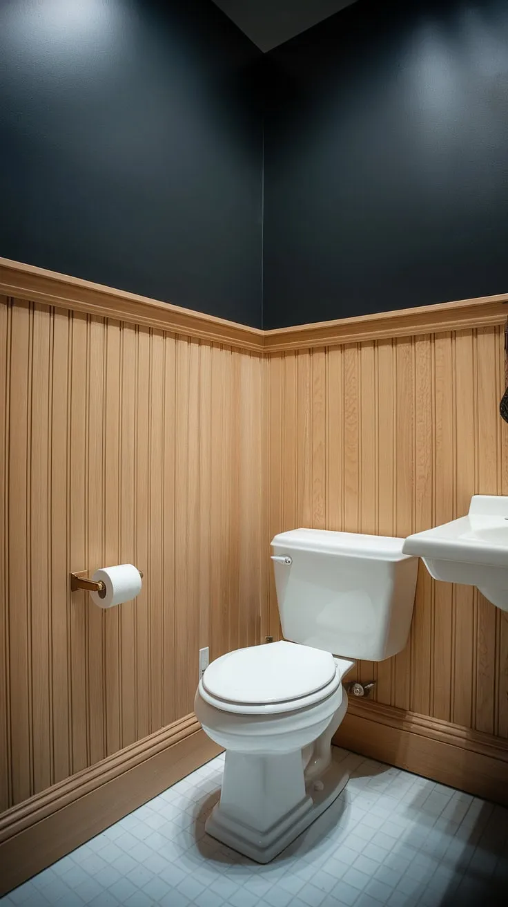 A sophisticated guest bathroom wainscoting design features light wood wainscoting that transitions seamlessly into dark painted beadboard walls. This bathroom with wood panel wall showcases a stylish blend of textures and tones, creating a cozy and functional half bath. The stained wood wall paneling adds a touch of rustic charm to this wood paneled powder room, complemented by the clean lines of the toilet and sink.