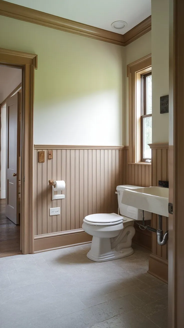 This charming half bath boasts light wood wainscoting, creating a warm and inviting atmosphere. The stained wood wall paneling adds a touch of classic elegance to this guest bathroom wainscoting, while the tiled floor and window provide practicality and brightness. The wood paneled powder room feels both spacious and cozy.