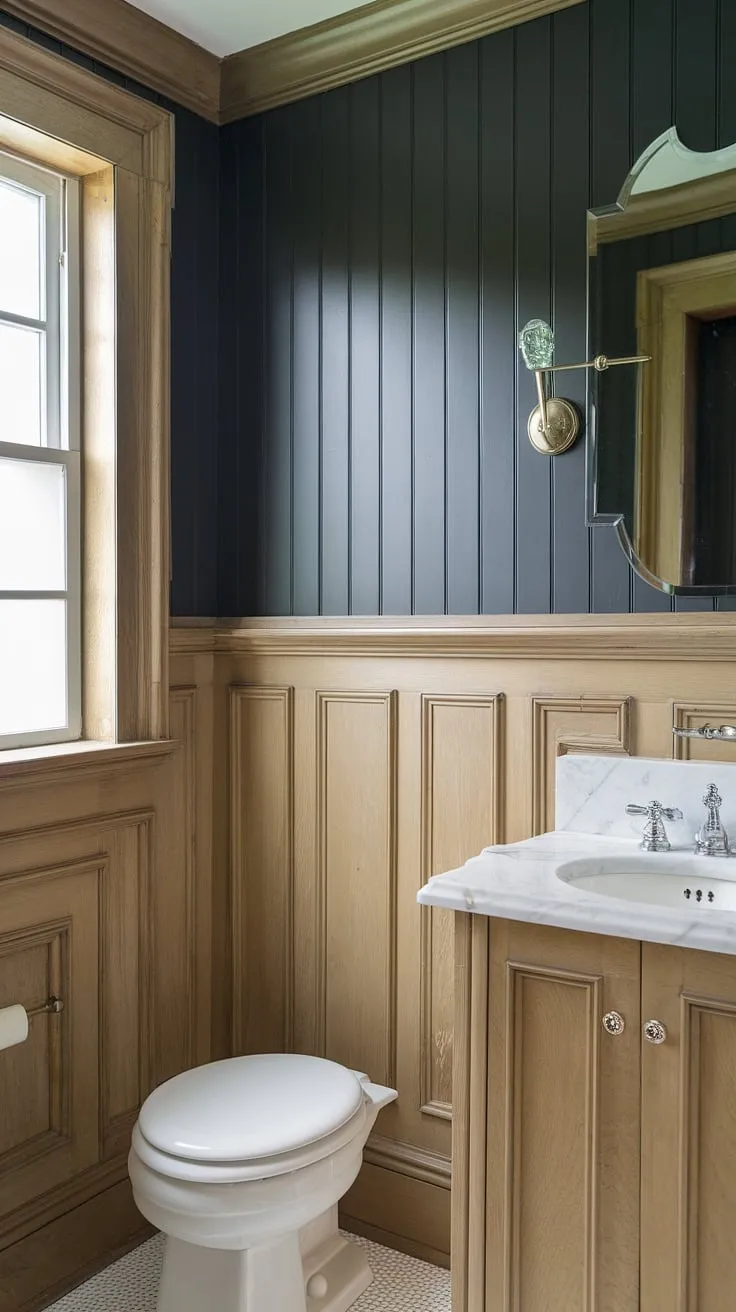 Classic elegance meets modern function in this half bath wainscoting design. The light wood wainscoting and dark painted beadboard walls create a stunning contrast, transforming this powder room into a sophisticated guest bathroom wainscoting retreat. The stained wood wall paneling adds warmth, while the window brightens the space.
