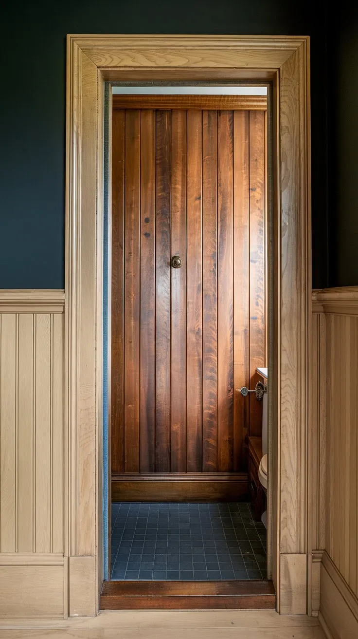 This charming guest bathroom wainscoting design showcases a delightful interplay of textures and tones. Light wood wainscoting complements the rich, dark painted beadboard walls, creating visual interest. The stained wood wall paneling in the half bath and the wood paneled powder room add depth and warmth. The overall effect is a cozy and elegant powder room, a perfect blend of rustic and refined.