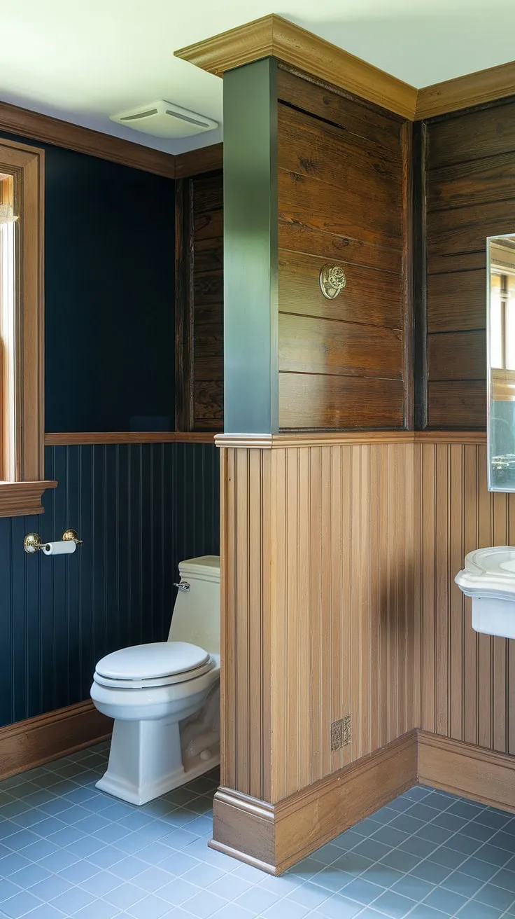 Elegant half bath wainscoting elevates this powder room, showcasing a stunning contrast between light wood wainscoting and dark painted beadboard walls. The stained wood wall paneling adds a touch of warmth to this guest bathroom wainscoting design.