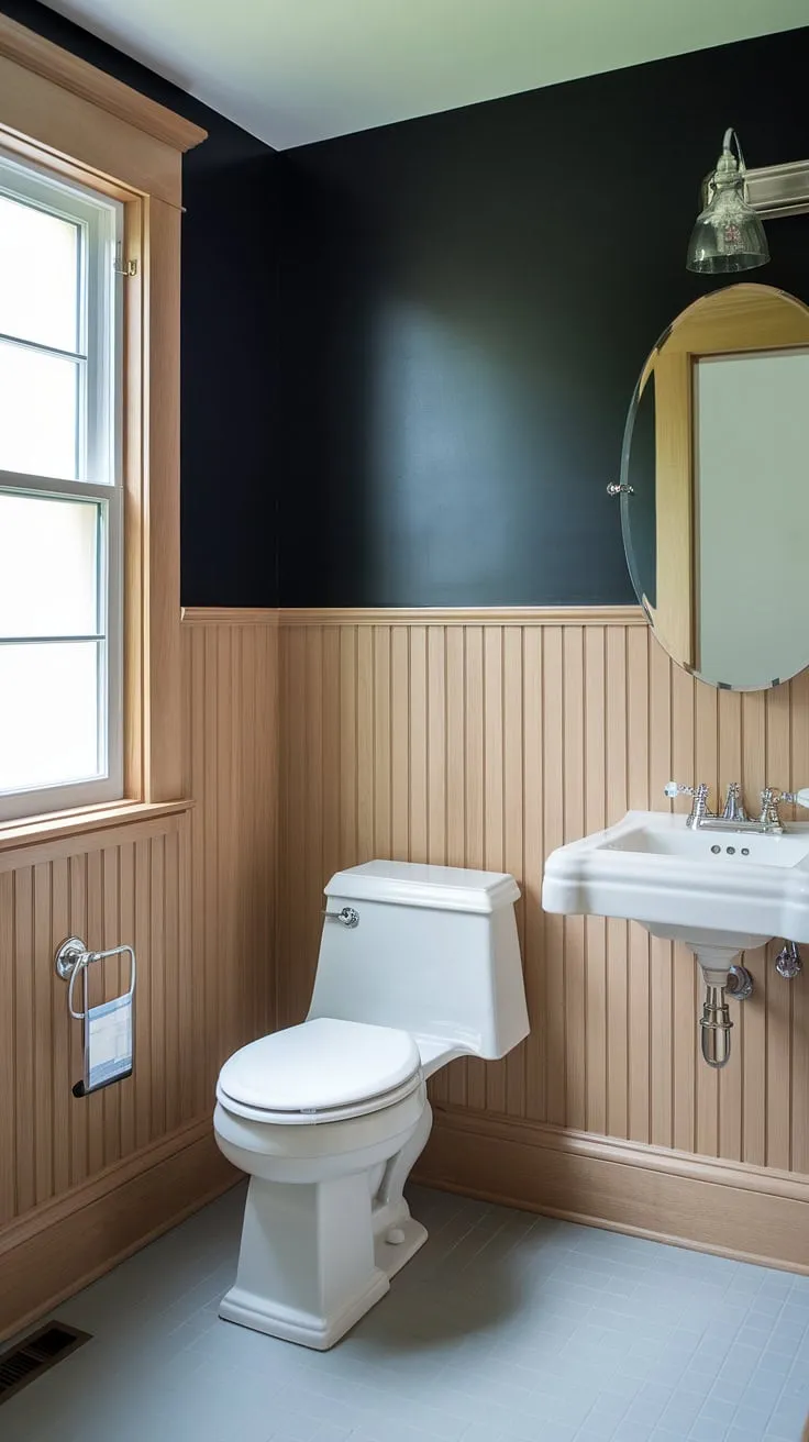 Sophisticated style meets practicality in this half bath wainscoting design. The light wood wainscoting contrasts beautifully with the dark painted beadboard walls, creating a stunning wood paneled powder room.