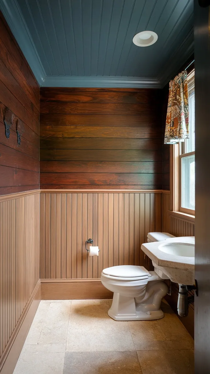 This charming guest bathroom wainscoting design features stunning stained wood wall paneling above light wood wainscoting, complemented by a dark painted beadboard ceiling. A perfect example of a bathroom with wood panel wall in a half bath.