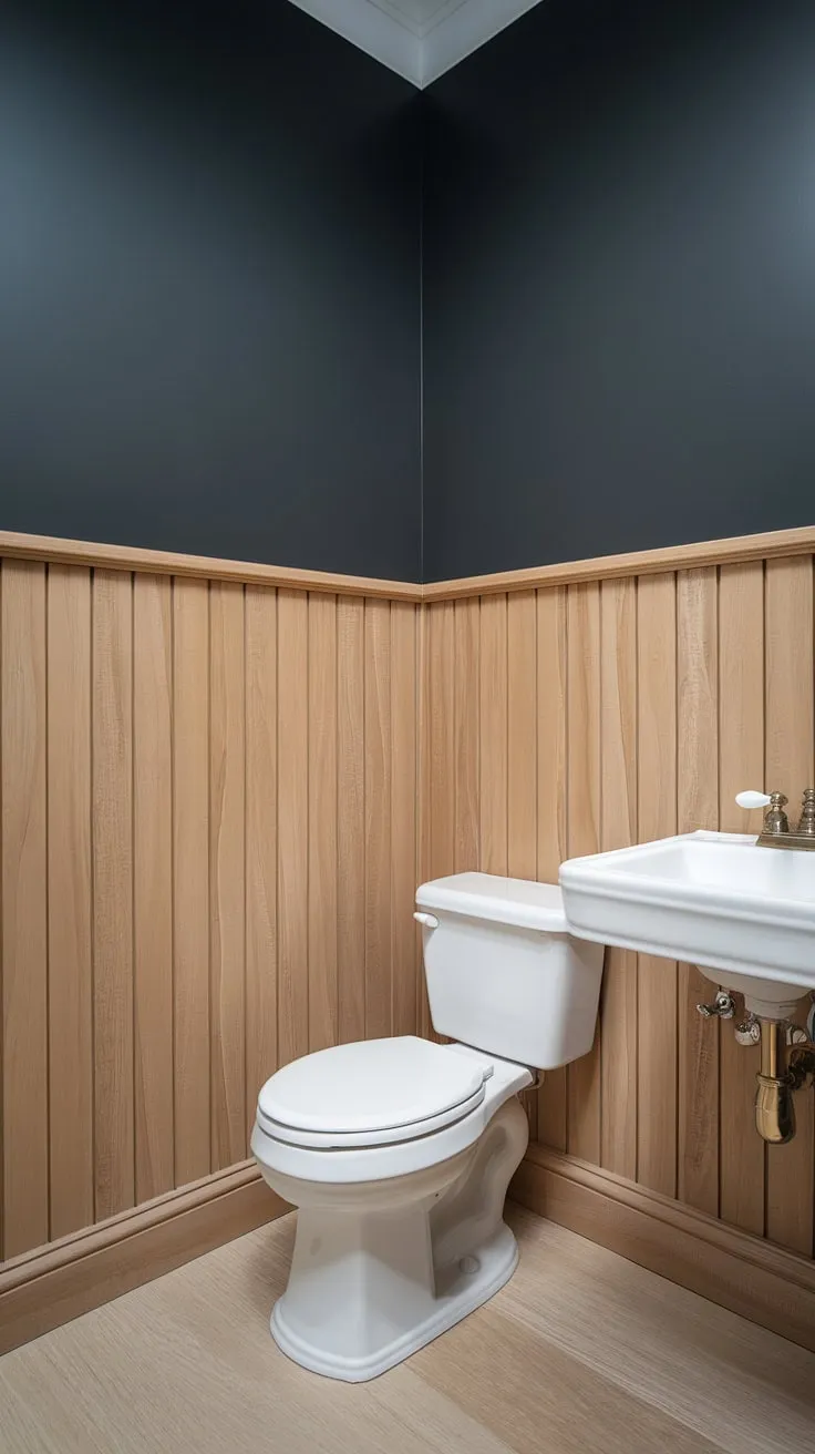 A charming blend of textures and tones: This bathroom with wood panel wall features stunning half bath wainscoting. The light wood wainscoting contrasts beautifully with the dark grey upper walls, transforming this small space into a sophisticated wood paneled powder room.