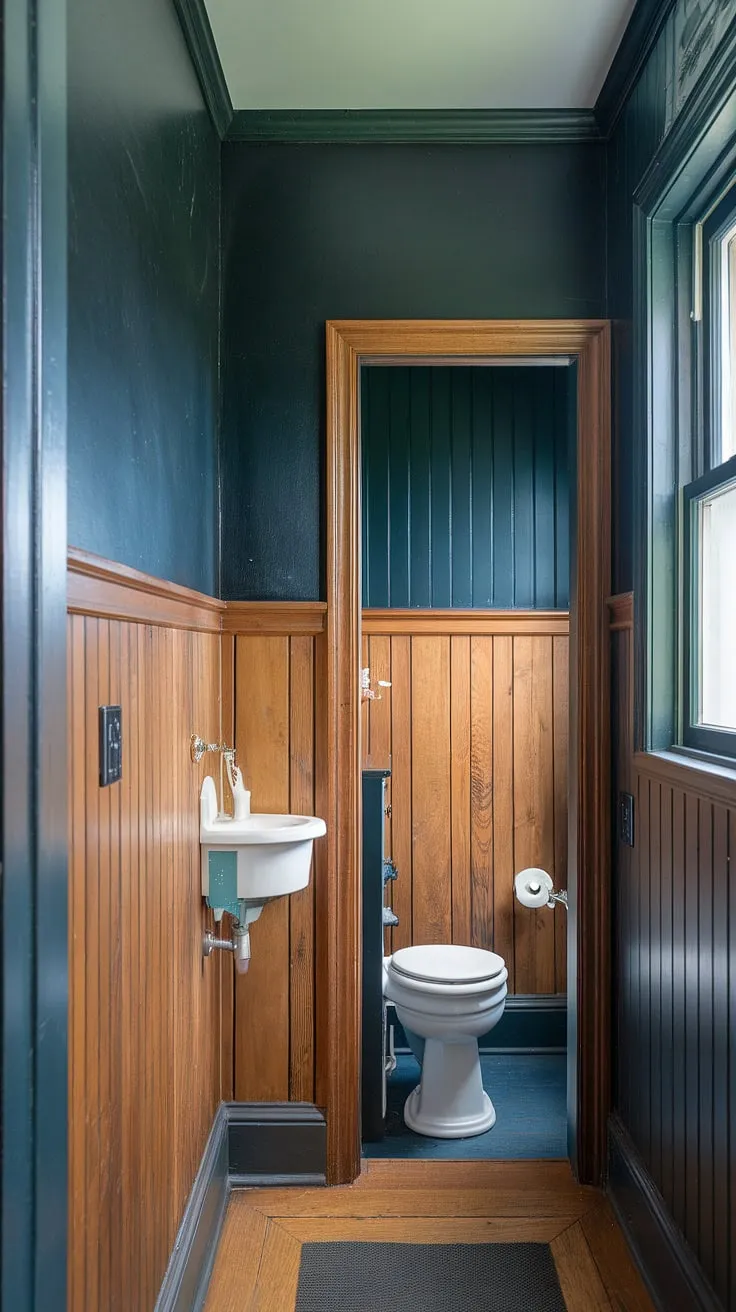 This half bath wainscoting showcases a stunning blend of textures: light wood wainscoting, dark painted beadboard walls, and a striking wood paneled powder room with stained wood wall paneling. A bathroom with wood panel wall that's both inviting and stylish.