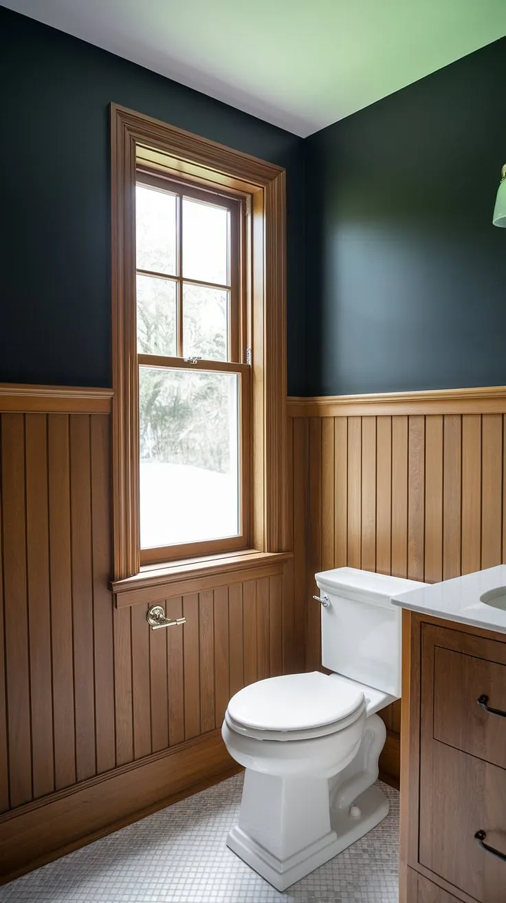 This charming half bath boasts elegant wainscoting, featuring light wood wainscoting that extends to the window height. The stained wood wall paneling creates a warm contrast against the dark grey painted beadboard walls above, adding depth to this wood paneled powder room. A high-placed window ensures ample natural light in this stylish guest bathroom wainscoting design. The result is a sophisticated and functional powder room, a perfect example of a bathroom with wood panel wall.