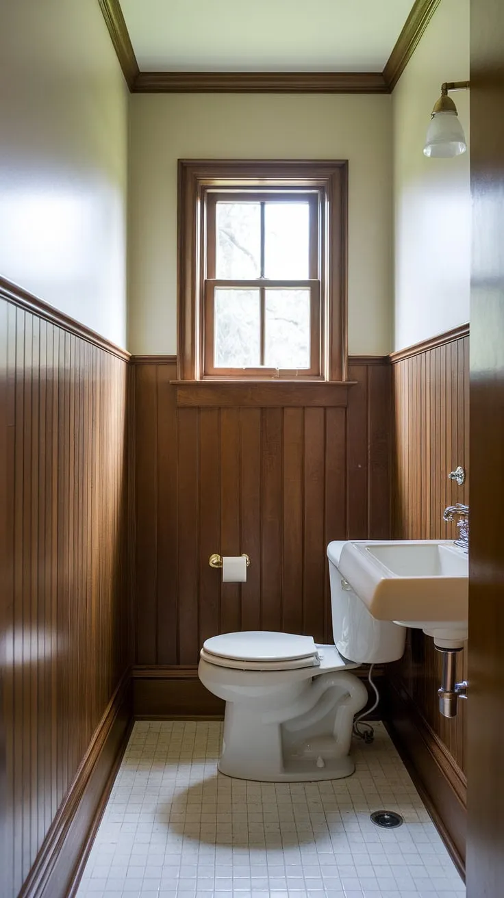 This wood paneled powder room boasts stunning light wood wainscoting, transforming a small space into a luxurious retreat. The dark painted beadboard walls above the panelled walls add depth and visual interest to this bathroom with wood panel wall, creating a truly unique half bath wainscoting masterpiece.