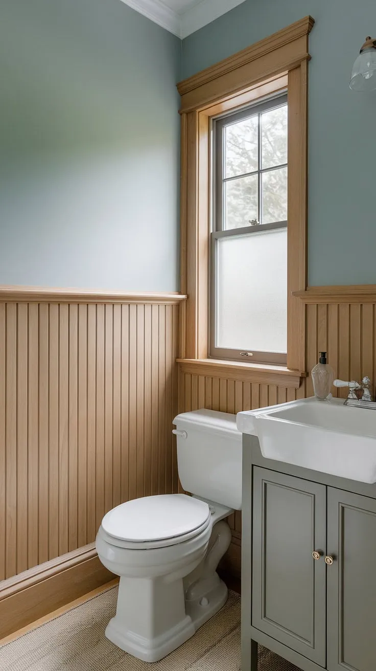 Classic charm meets modern convenience in this half bath wainscoting design. The light wood wainscoting, paired with a serene blue, creates a sophisticated guest bathroom wainscoting retreat. The stained wood wall paneling adds warmth, while the frosted window ensures privacy.