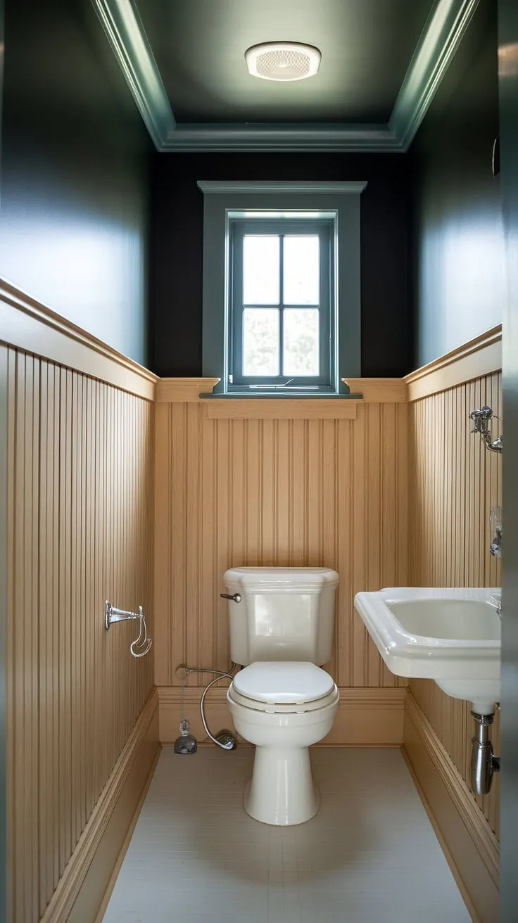 Classic elegance meets modern style in this half bath wainscoting design. The light wood wainscoting, contrasted by dark painted beadboard walls, creates a sophisticated powder room. The stained wood wall paneling adds warmth to this guest bathroom wainscoting.