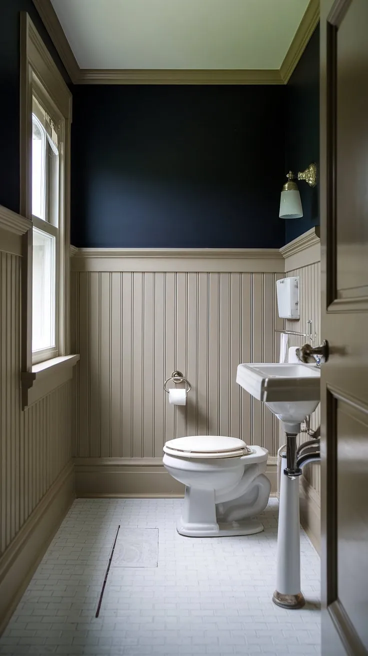 Classic elegance meets modern function in this half bath wainscoting design. The light wood wainscoting and dark painted beadboard walls create a sophisticated contrast, transforming this powder room into a guest bathroom wainscoting masterpiece. The stained wood wall paneling adds warmth, while the bathroom with wood panel wall offers a unique charm.