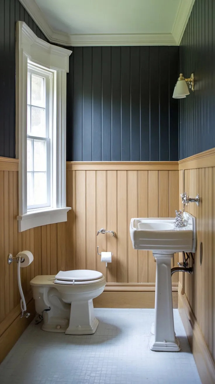 This wood paneled powder room boasts a sophisticated half bath wainscoting design. The combination of light wood wainscoting and dark painted beadboard walls creates a striking visual appeal in this bathroom with wood panel wall. A perfect blend of style and practicality for any home.
