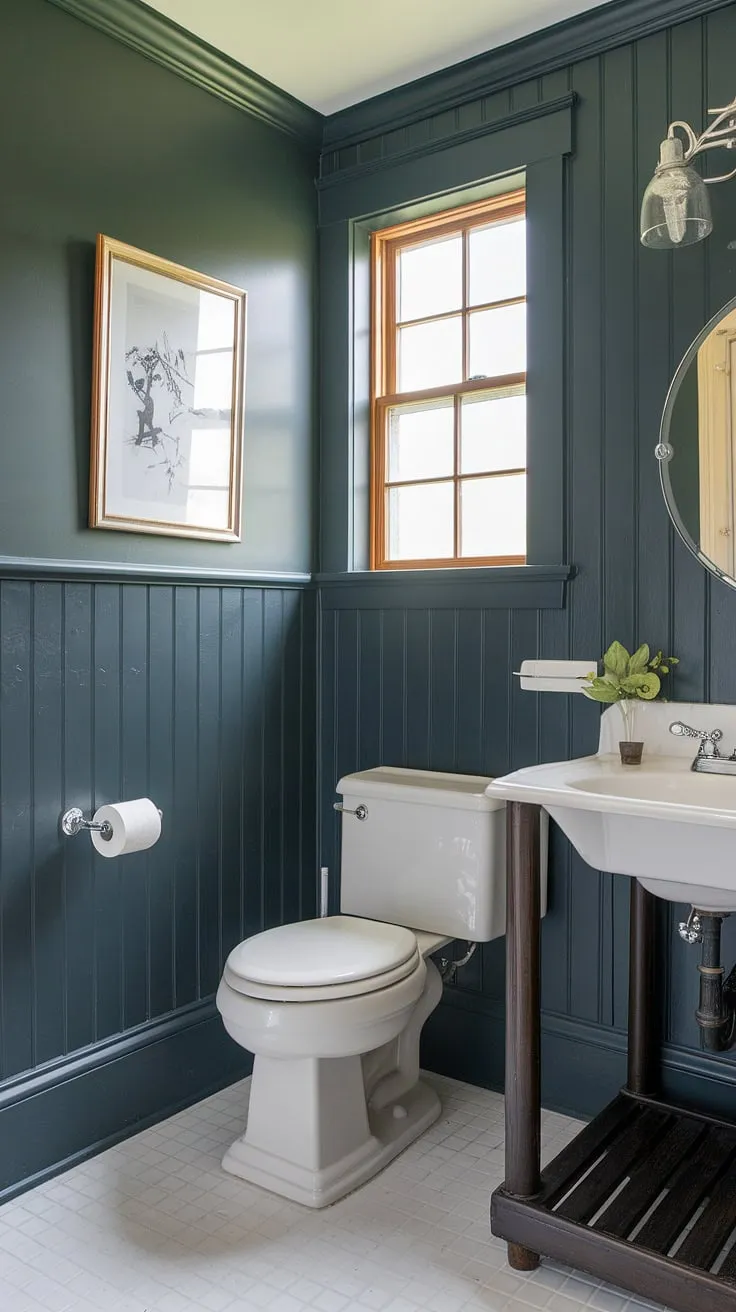 Dark painted beadboard walls create a sophisticated half bath wainscoting in this charming guest bathroom wainscoting. The stained wood wall paneling adds warmth to the wood paneled powder room.
