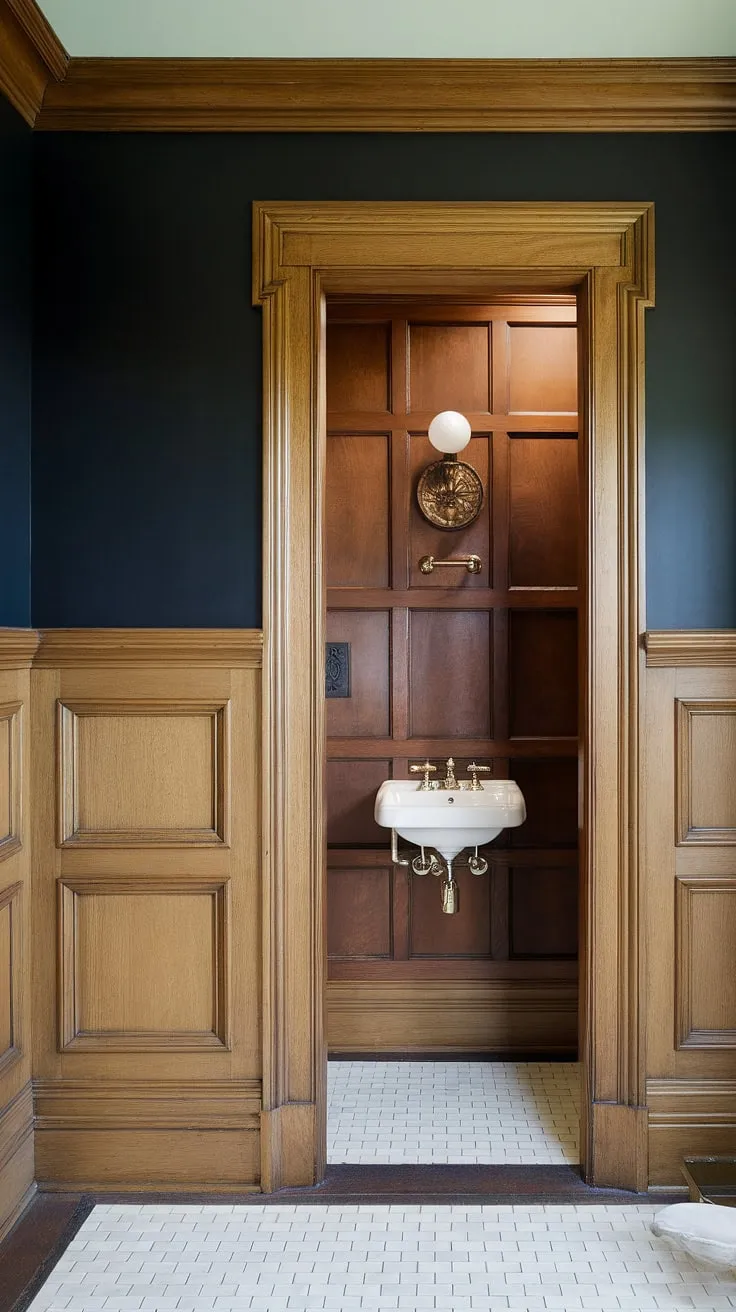 This elegant guest bathroom boasts a charming half bath with light wood wainscoting that complements the dark painted beadboard walls above. The wood paneled powder room, featuring rich stained wood wall paneling, adds a classic touch to this bathroom with wood panel wall. The combination of guest bathroom wainscoting and the panelled walls creates a sophisticated and timeless atmosphere.