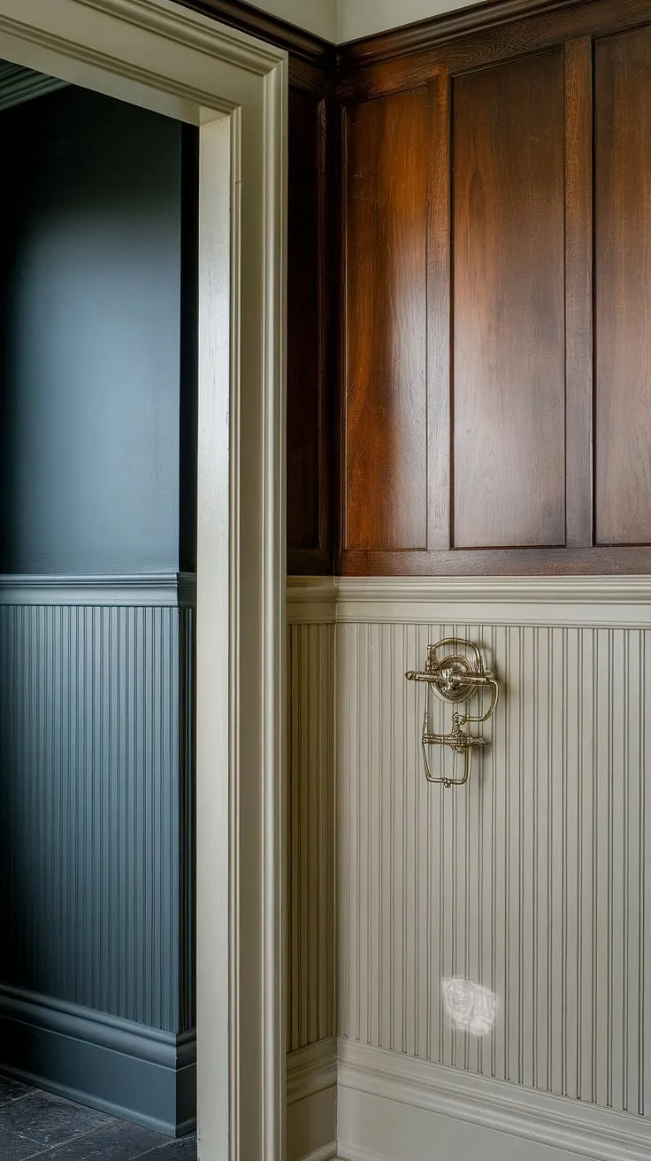 Classic elegance meets modern function in this half bath wainscoting design. The wood paneled powder room, featuring stained wood wall paneling and light wood wainscoting, creates a sophisticated guest bathroom wainscoting experience, while the dark painted beadboard walls add a touch of unexpected drama to this bathroom with wood panel wall.