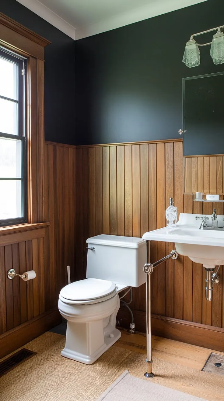 This guest bathroom wainscoting boasts the charm of light wood wainscoting and the drama of dark painted beadboard walls. The panelled walls and stained wood wall paneling elevate this small powder room into a stylish sanctuary. A beautiful bathroom with wood panel wall.