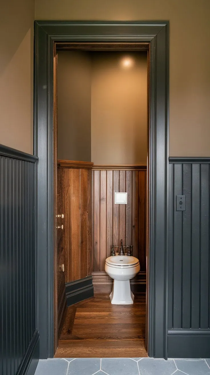This stunning half bath boasts exquisite panelled walls and a bathroom with wood panel wall. The rich stained wood wall paneling and light wood wainscoting create a luxurious feel, while the dark painted beadboard walls add depth to this wood paneled powder room. A truly unique guest bathroom wainscoting design.