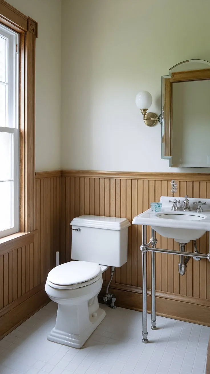 A sophisticated powder room featuring dark painted beadboard walls above the light wood wainscoting. This panelled walls design in the bathroom with wood panel wall creates a striking contrast, while maintaining a sense of calm. The simple white sink and toilet complete the look of this elegant guest bathroom wainscoting, making it a perfect example of a stylish and functional half bath.