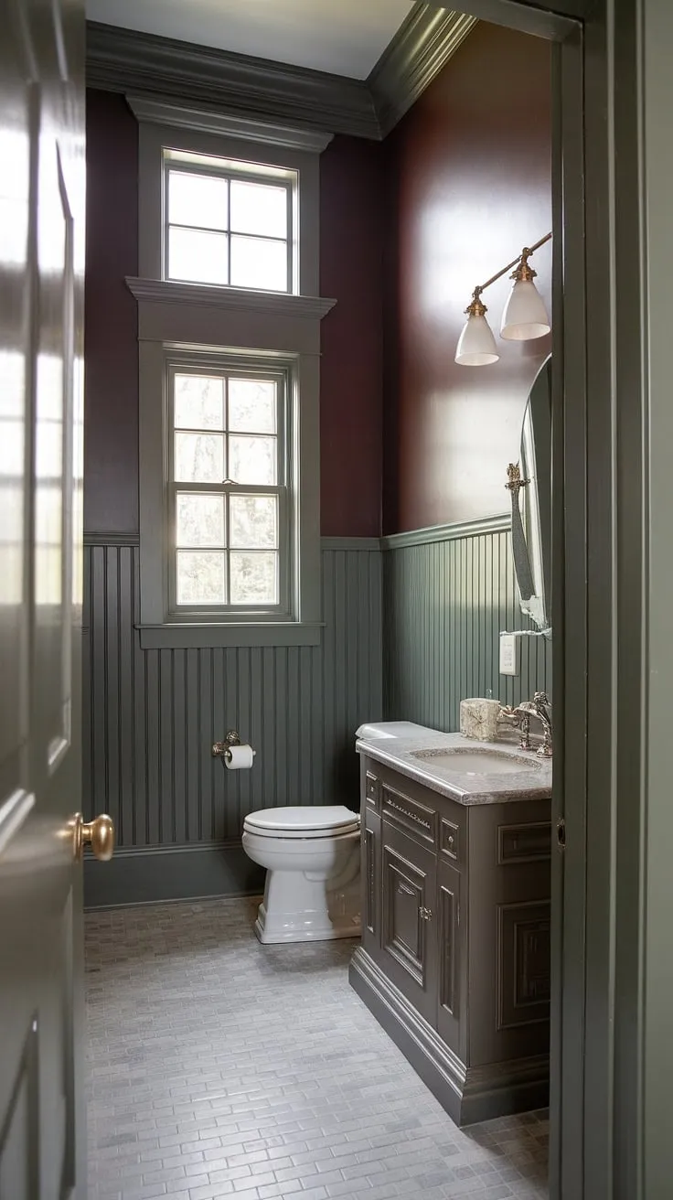 This wood paneled powder room boasts stunning detail: a half bath wainscoting design featuring dark painted beadboard walls and light wood wainscoting. The bathroom with wood panel wall is a testament to timeless style.
