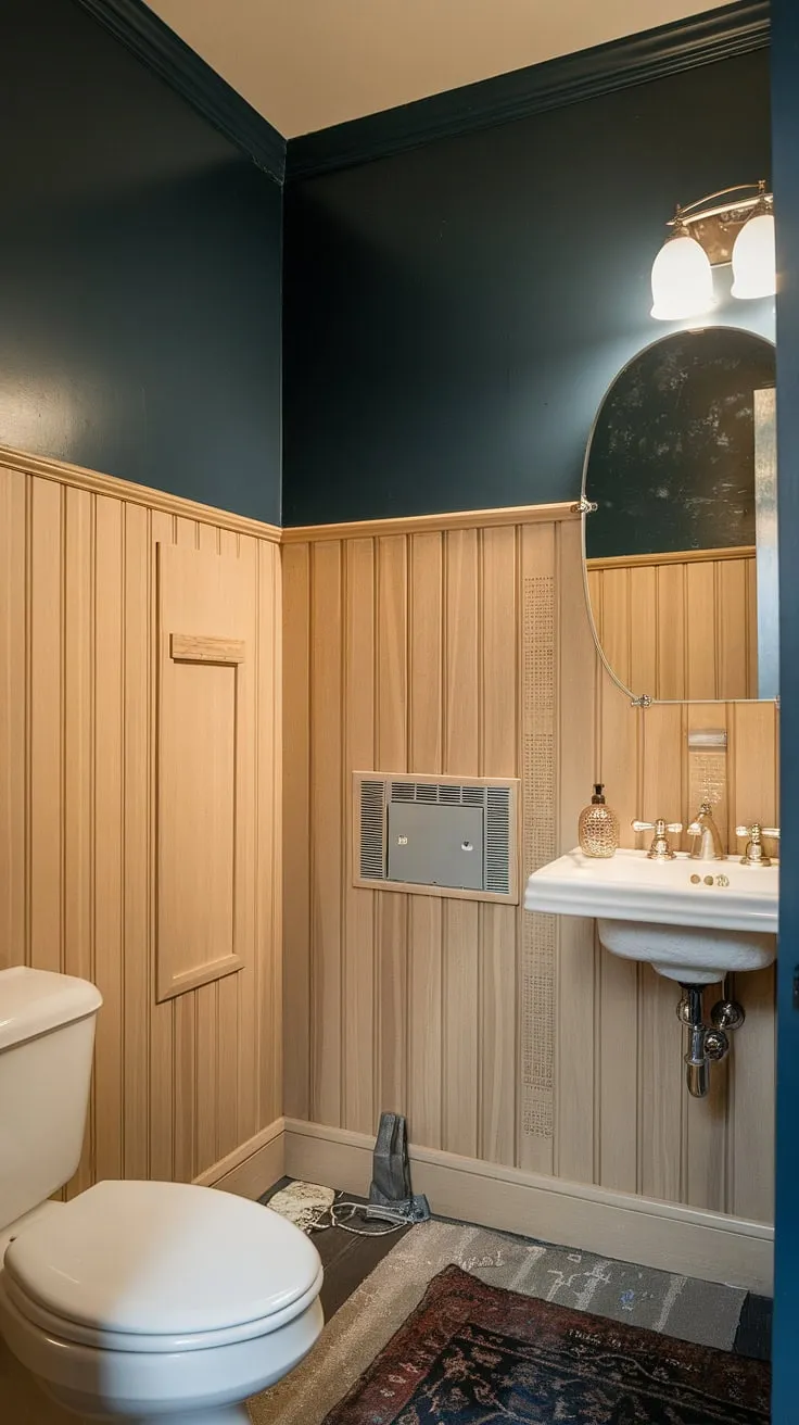 A bathroom with wood panel wall, this wood paneled powder room features light wood wainscoting topped with a striking dark painted beadboard walls. The panelled walls create a classic and inviting atmosphere in this small but perfectly formed guest bathroom wainscoting.