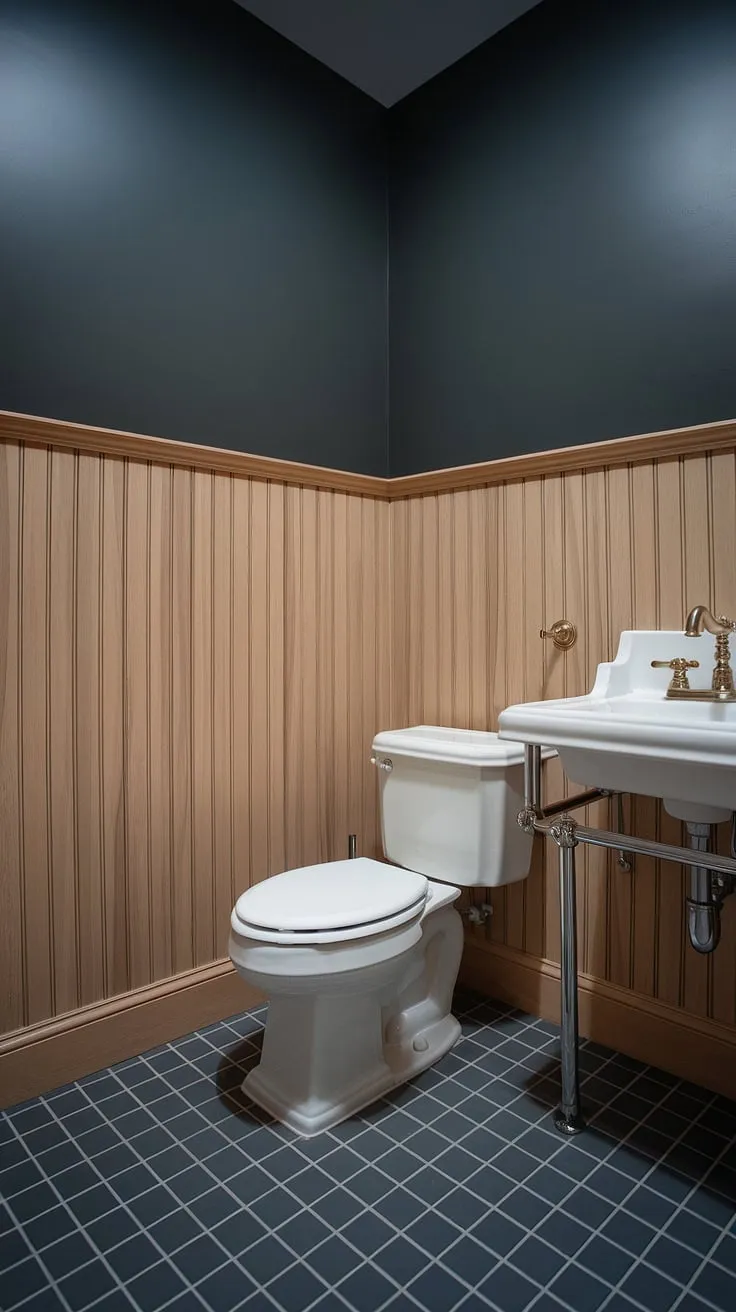 This elegant half bath boasts light wood wainscoting, creating a charming contrast with the dark gray painted beadboard walls above. The stained wood wall paneling extends to about six feet, adding warmth to this stylish powder room. A white toilet and sink with a gold faucet complete the sophisticated look, while the dark gray and white checkered floor ties the design together. The guest bathroom wainscoting perfectly complements the wood paneled powder room, making it a truly inviting space.